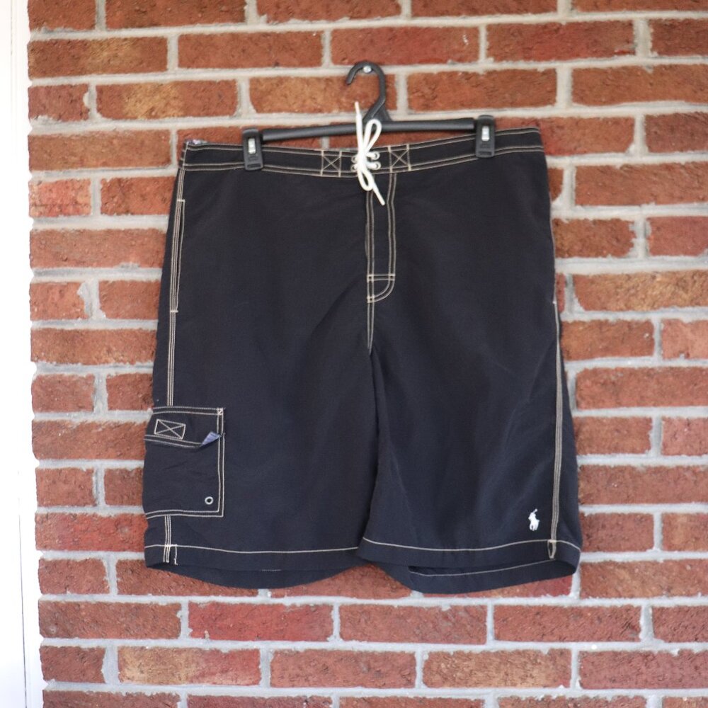 Polo by Ralph Lauren Black Swim Trunks with Contrast Stitching
